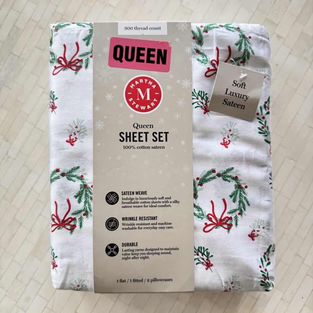 New Martha Stewart Holiday Collection Christmas Wreath QUEEN Sheet Set Cotton